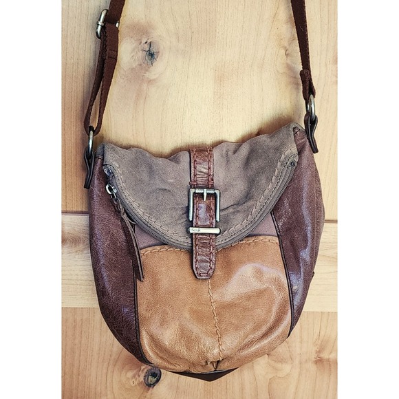 The Sak Handbags - The Sak Brown Leather Patchwork Adjustable Strap Crossbody Purse Bag Boho Hippie